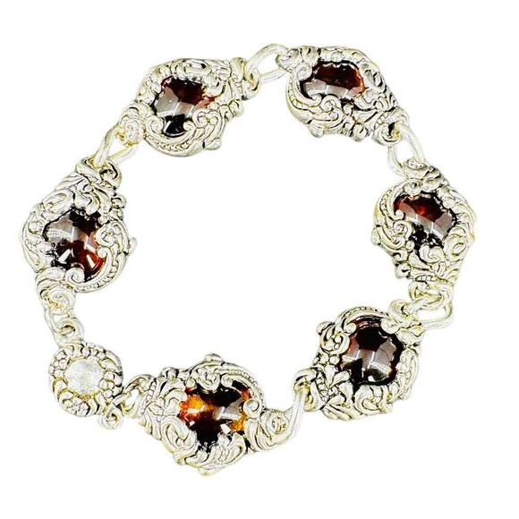 Amber Cabochon Textured Designed Link Bracelet Magnetic Clasp Over Silver Plated - Picture 3 of 10
